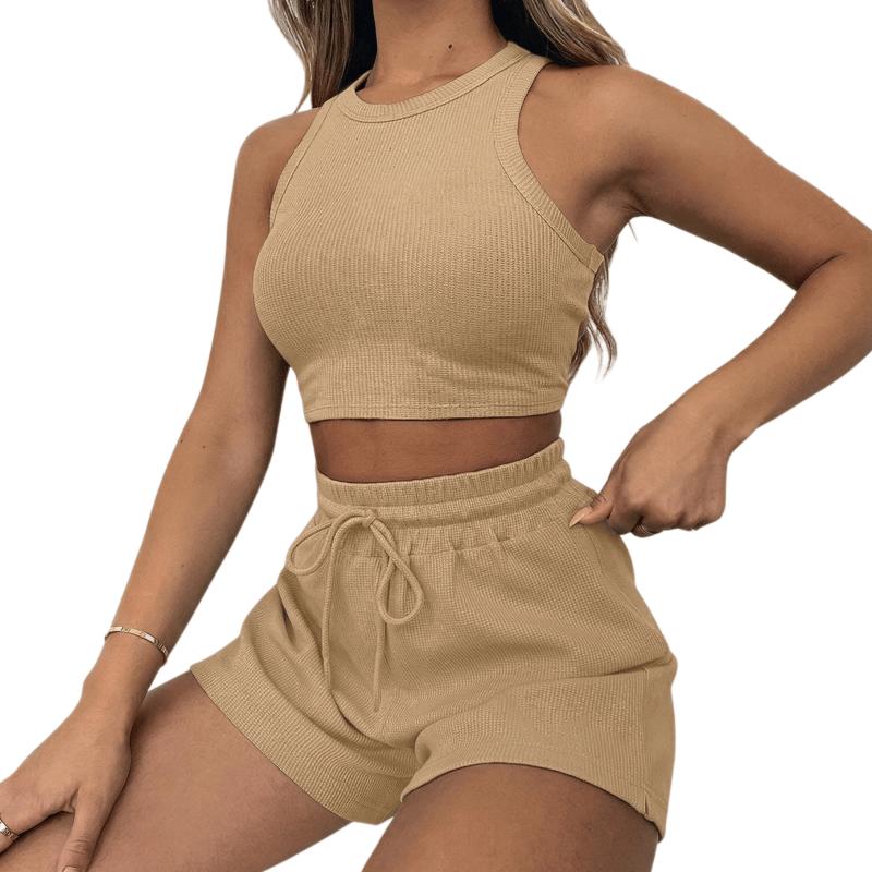 Women's 2-Piece Waffle Knit Lounge Set - Crop Tank Top & Drawstring Shorts Outfit