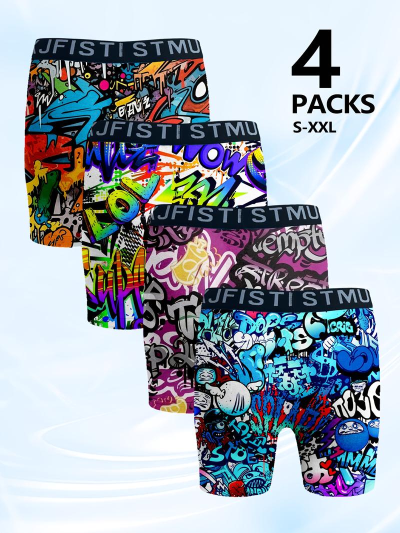 4pcs Men's Boxer Briefs Set with Cool Graffiti Patterns And Stretchy Material, Soft, Comfortable And Breathable, Suitable for Fitness And Daily Wear, Loose Boxers for Men,Lounge Wear, Activewear Essentials, Trendy Underwear, Urban Fashion, Soft Fabric
