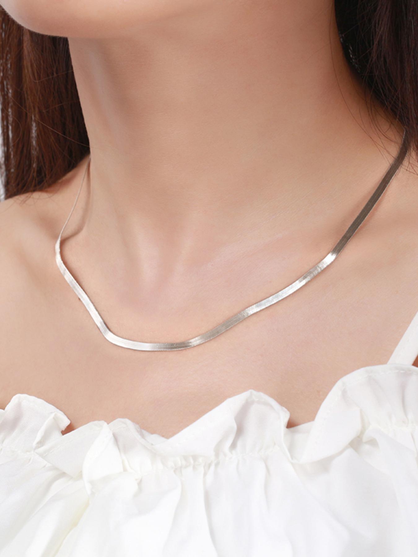 925 Sterling Silver 3mm Flexible Flat Herringbone Chain Necklace, Fashion Jewelry Accessories for Women & Girls, Trendy All-match, Chic, Elegant & Exquisite Jewelry for Birthday Gift