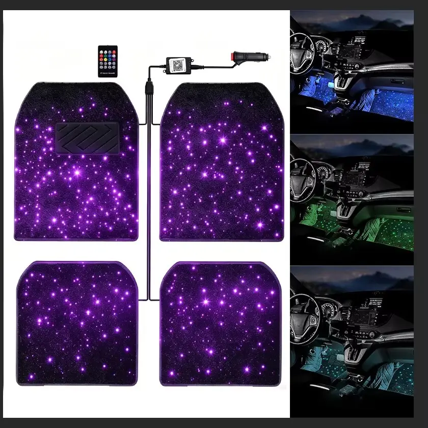 Starlight LED Car RGB Waterproof Foot Pad, APP Controlled Fiber Optic Light, USB/cigarette Lighter Universal Ambient Lighting Car Interior Decorative Atmosphere Lamp