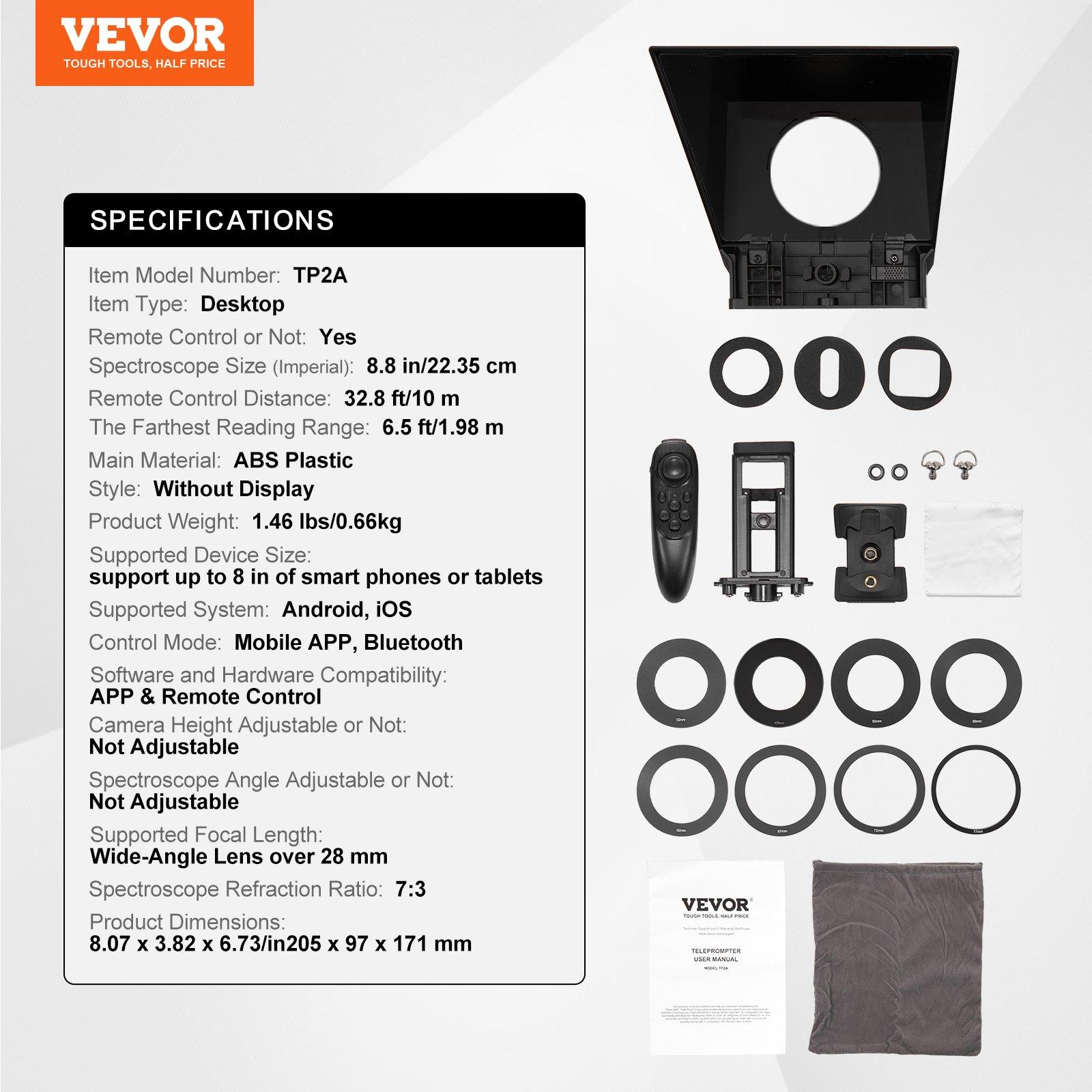 VEVOR Teleprompter, 8" Aluminum Alloy, Desktop Prompter with Adjustable Spectroscope, Remote Control, for YouTube, Twitch, Zoom, Supports DSLR/Webcam/Smartphone, for Video Recording/Live Streaming VEVOR Teleprompter, 8" Aluminum Alloy, Desktop Prompter with Adjustable Spectroscope, Remote Control, for YouTube, Twitch, Zoom, Supports DSLR/Webcam/Smartphone, for Video Recording/Live Streaming