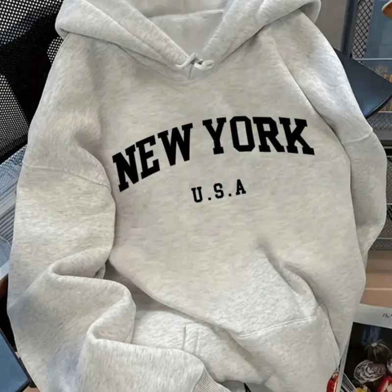 Men's "New York" Print Hoodie with Kangaroo Pocket & Drawstring Design, Long Sleeve Loose Fit, Casual Streetwear Hoodie, Fall & Winter Sweatshirt