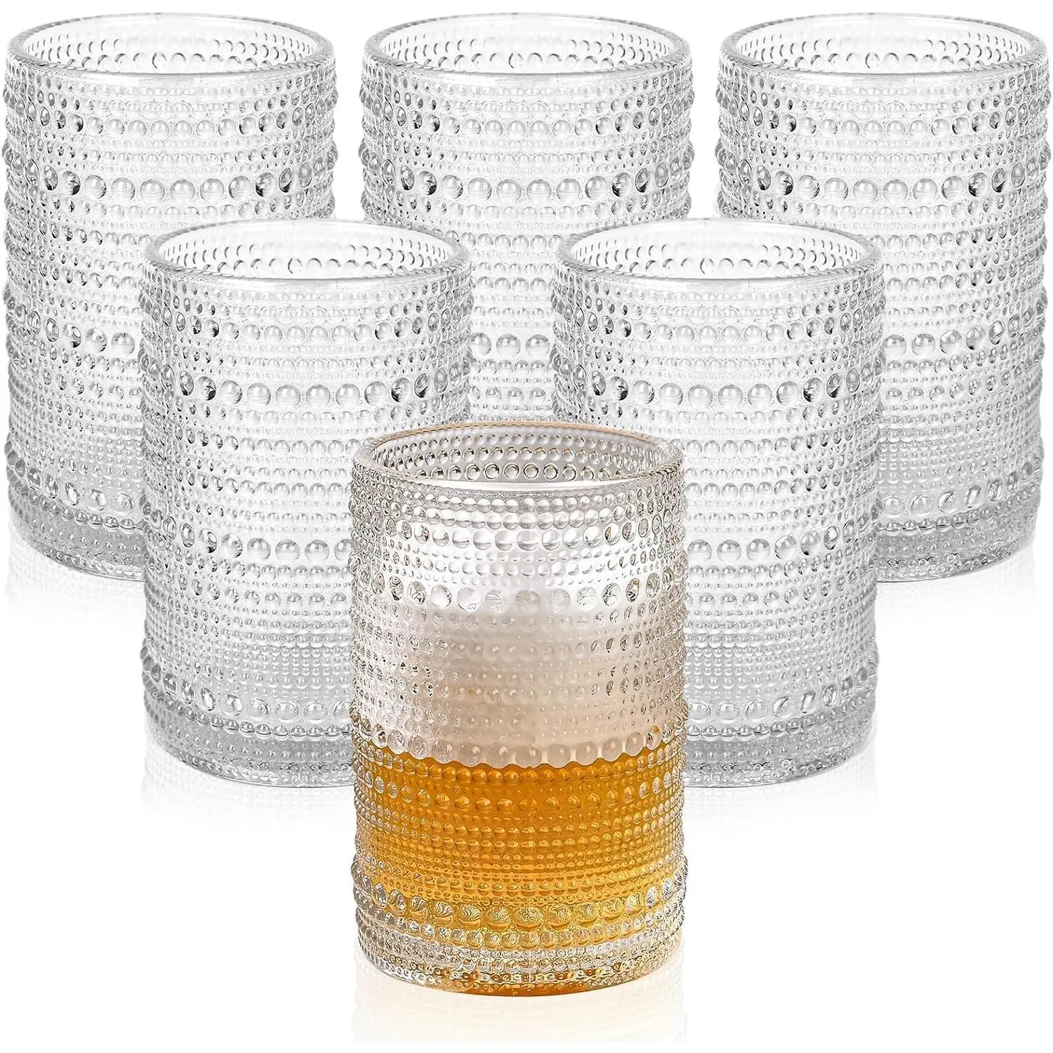 Vintage Glassware Drinking Glasses Set of 6,15 oz Hobnail Glass Cups,Embossed Clear Water Tumbler,for Beer,Cocktail,Whiskey,Juice and Various Mixed Drinks- 1 Cleaning Brush