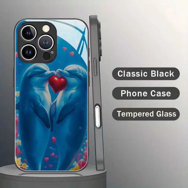 Romantic Moment of Dolphins Embracing a Heart Black tempered glass shell Applicable for iphone17 Air 16 15 Pro Max 14 Plus 13 12 11, creative and fashionable phone case,  Mobile