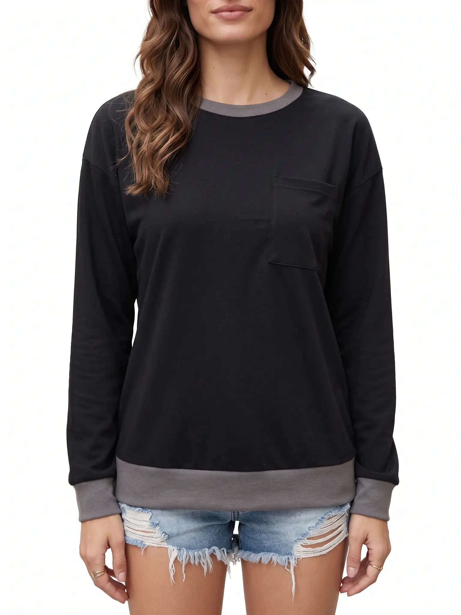Women's Color-Block Pocket Sweatshirt for Coffee Walks and Fall Daily Wear
