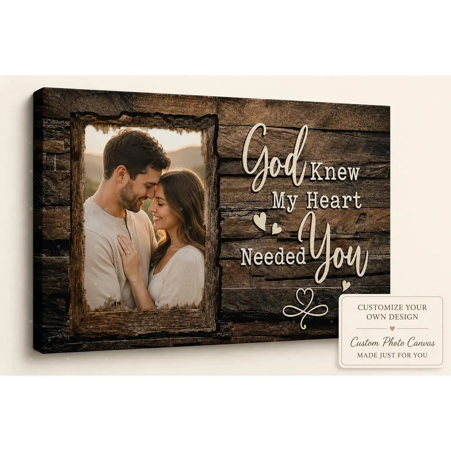 Customizable Dark Rustic Wood Couple Photo Canvas Wall Art - 12x18 inch, 20x30 inch, God Knew My Heart Needed You Quote, Farmhouse Dining Room Bedroom Decor, Valentine's Day Wedding Anniversary Gift, Unframed