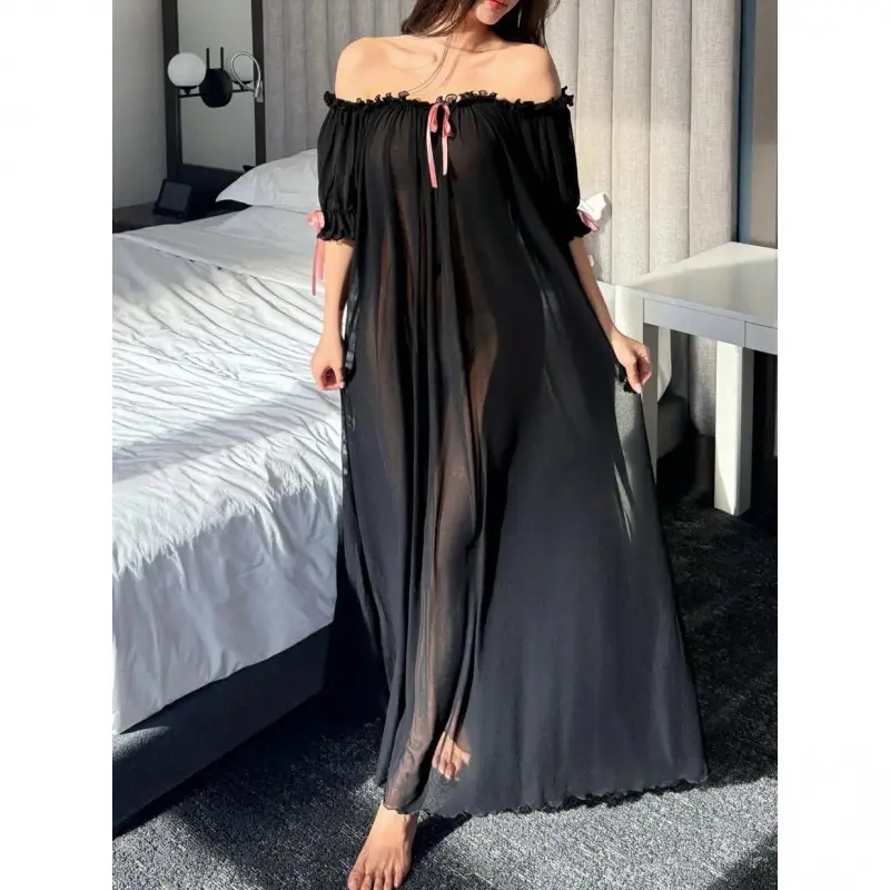Women's Charming Transparent Mesh Off-Shoulder Ruffle Long Nightgown Sleepwear