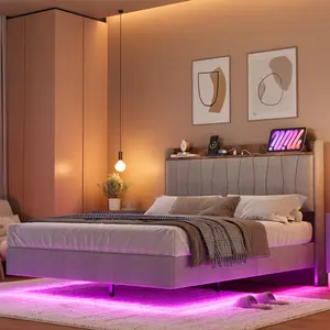 Full / Queen / King Floating Wood Slats Support Upholstered Platform Bed Frame w/ LED Lights & Charging Station & Storage Headboard