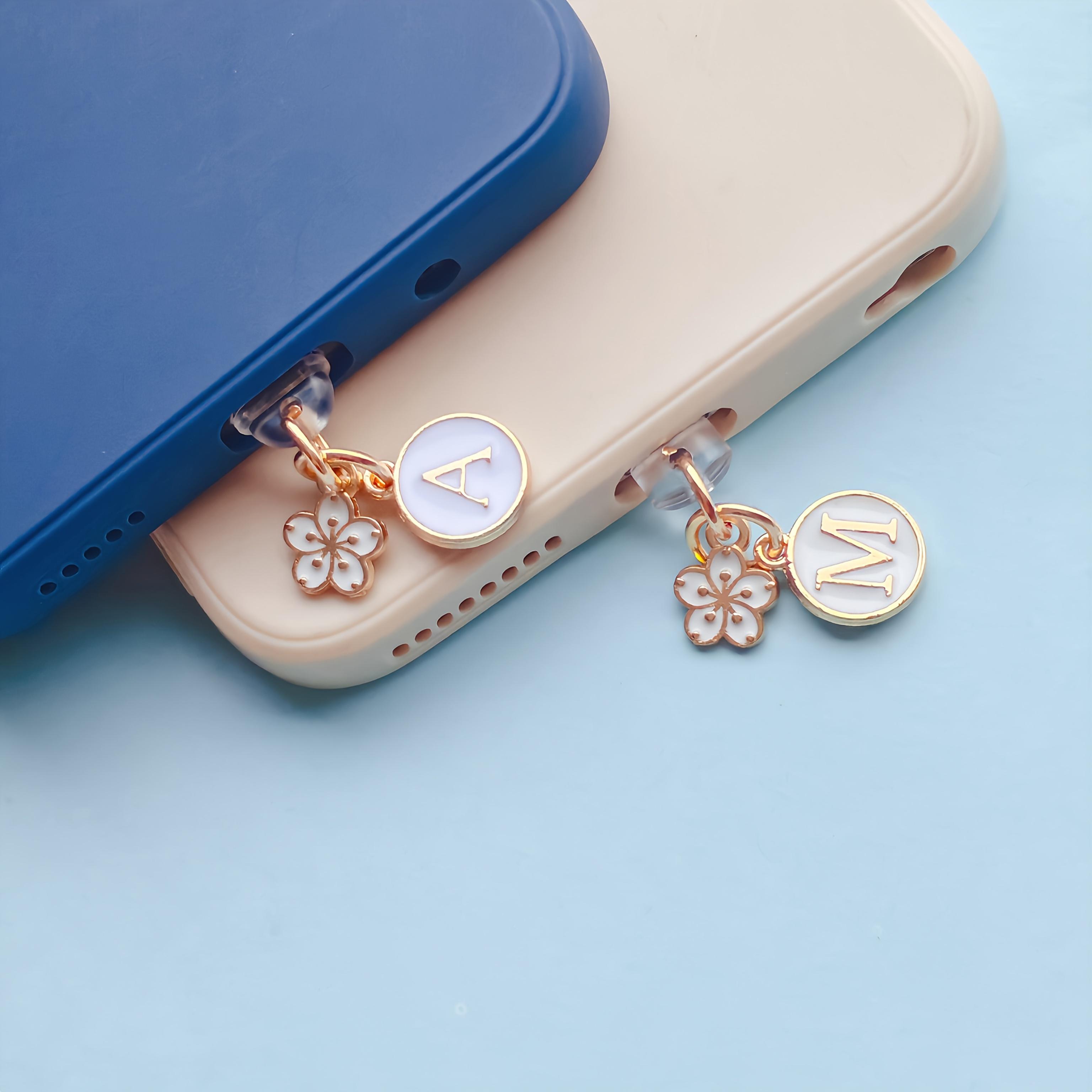 A New Cute Flower And Letter Phone Dust Plug, Featuring Charming White Cherry Blossoms And A-Z Initial Phone Port Dust Covers, Suitable for Phone Decoration, Compatible with Iphone And Type-C Ports, Perfect for Holiday Party Gifts