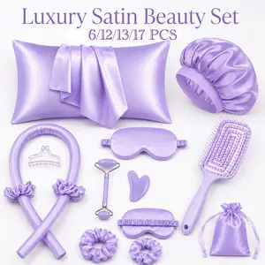 6/12/13/17 Pcs Luxury Satin Hair Care Sleep Set, Smooth Satin Pillowcase with Bonnet, Sleep Mask, Heatless Curling Rod & Scrunchies, Overnight Beauty Sleep Kit for Frizz-Free Hair, Soft Curls, Smooth Waves & No-Heat Styling