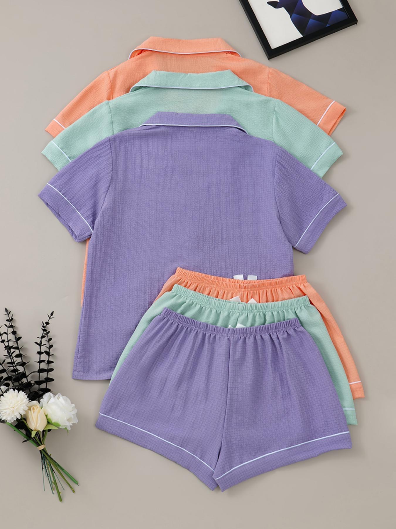 Women's Heart Embroidery Short Sleeve Top & Shorts Pyjama Set, Casual Comfy Pj Set for Women, Women's Sleepwear & for All Seasons, Pajama Set, Sleepwear Pajamas Set