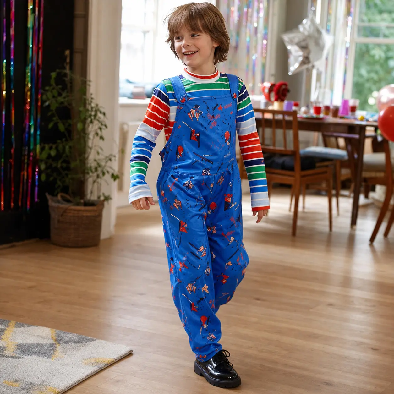 Unisex Striped Shirt and Blue Suspender Pants Costume Set with Red Splatter Print, Halloween Stage Outfit