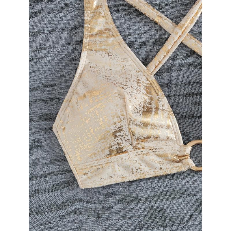 Ladies' Sexy Golden Foil Fabric Cross Strap Beach Swimsuit