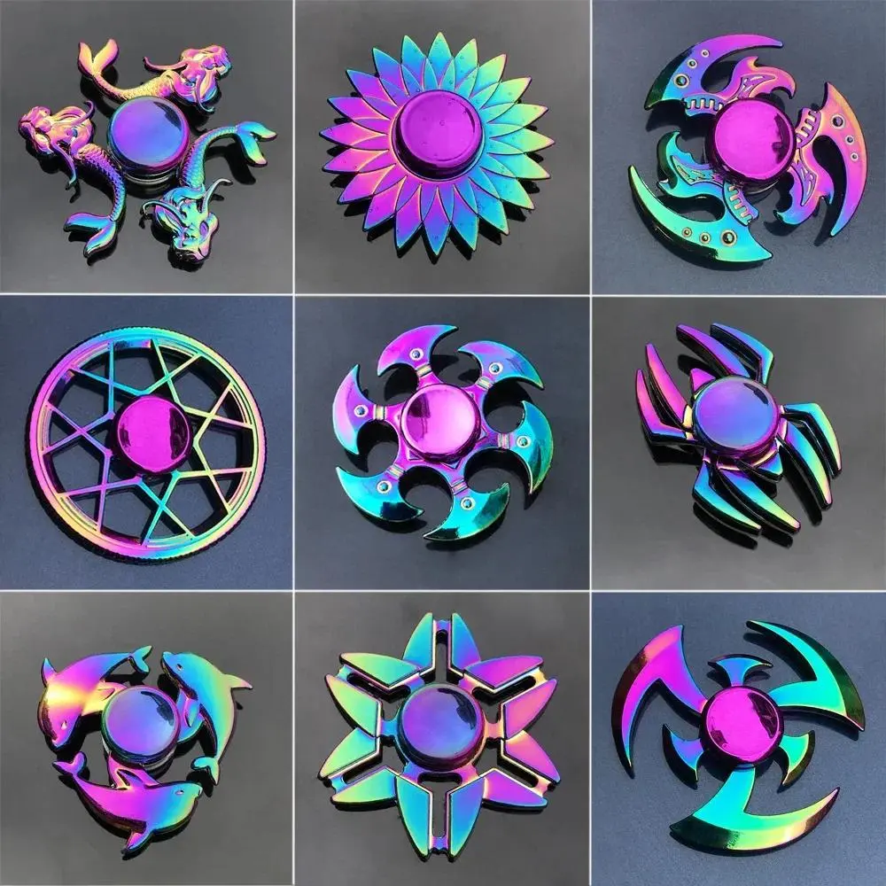 Gradient Color Metal Fidget Spinner Rainbow Dolphin Spider Flowers Playing Cards Hand Spinner Stress Reliever Fingertip Toys