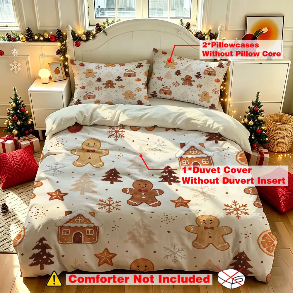 A 3‑piece (1 bedspread + 2 pillowcases, no filling) printed bedding set, gingerbread man Christmas theme, soft and comfortable bedding set, ideal for room decoration, great Christmas gift
