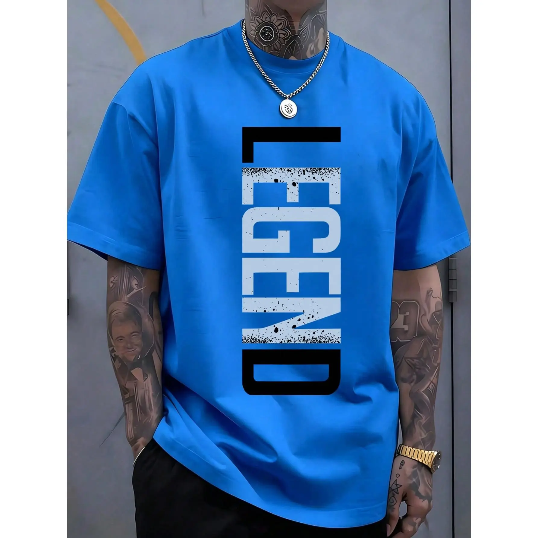 Men's Legend Graphic Cotton Tops - Casual Black Shortsleeve Crew Neck Menswear Shirt with Blue Lettering, Lightweight Summer Fabric Streetwear Sports Top