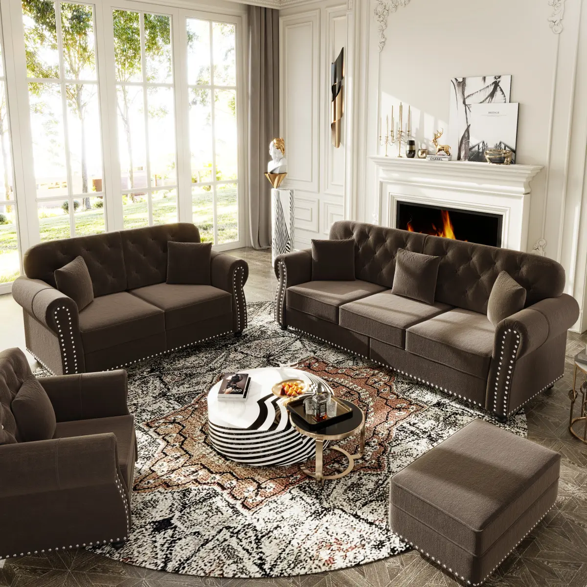 AobtkelUpholstered Velvet Sofa with Nailhead Trim and Rolled Armrests,Mid-Century Modern Chesterfield Sofa with Button Tufted,Includes 1 ottoman,Brown    RR