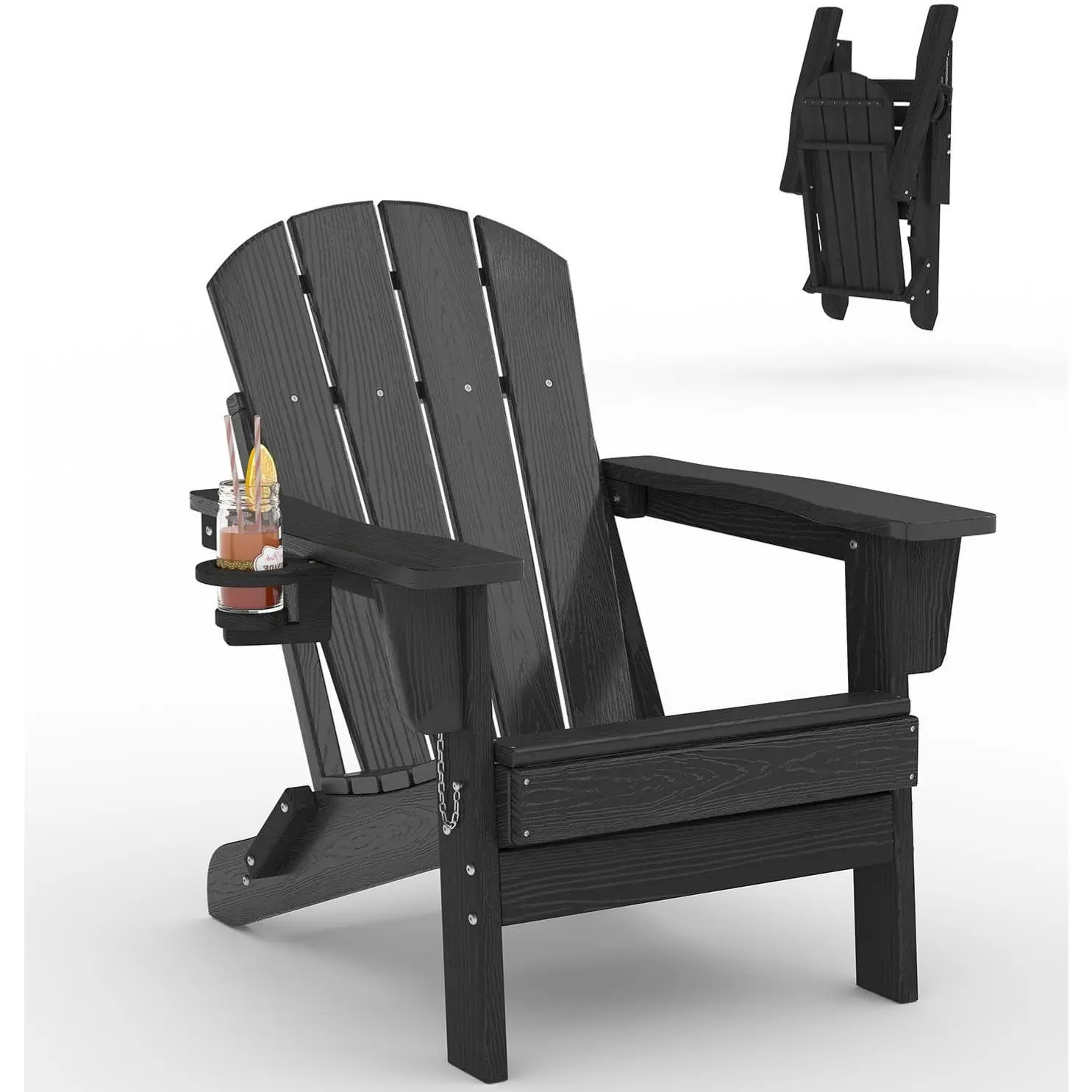 All-Weather HDPE Folding Adirondack Chair Set with Cup Holder – Wooden Texture, Sturdy Plastic, Easy Assembly, Outdoor Patio & Lawn Seating, Fire Pit
