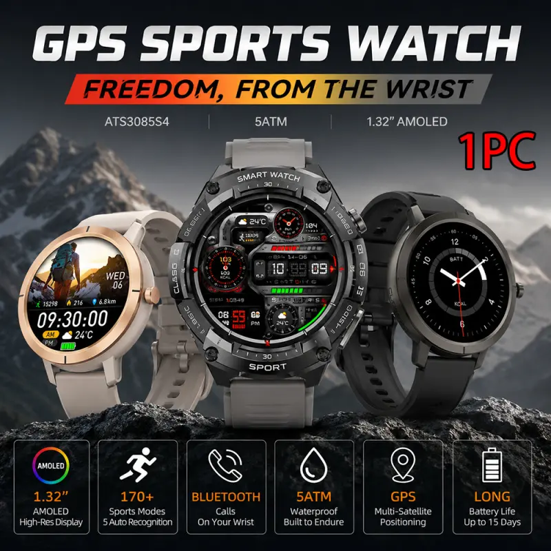 Stylish AI GPS Smartwatch: 5ATM Waterproof & Compass! Features 100+ sports modes, full touch screen, wireless calling, voice assistant & music control. Long battery life fitness tracker. The perfect tech gift for family & friends!