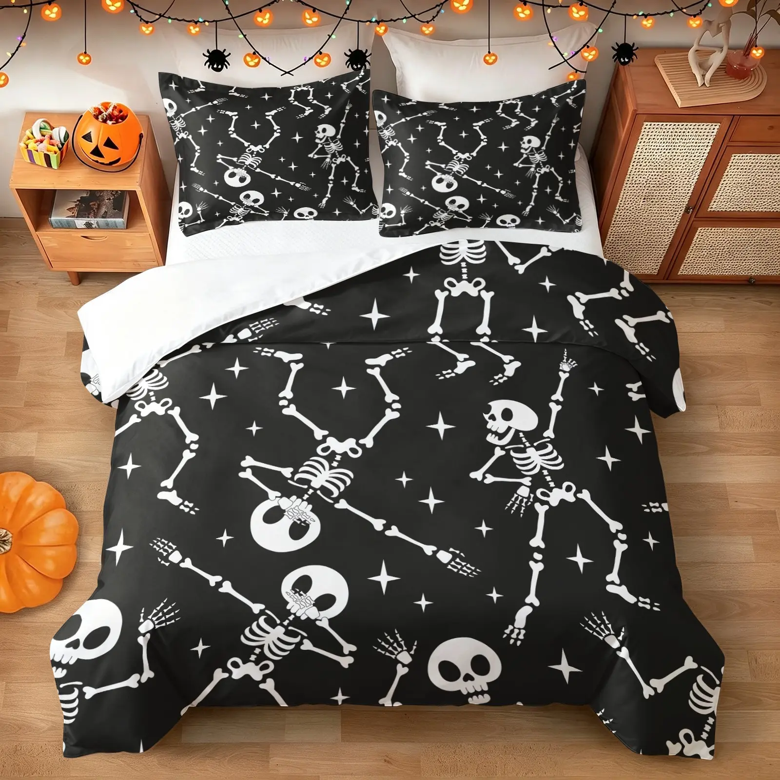 Halloween Skeleton Duvet Cover Set (1 Duvet Cover + 1-2 Pillowcases), Soft Breathable Durable Microfiber Bedding, HD Printed Dancing Skeleton Star Pattern, Spooky Gothic Bedroom Decor for Horror Fans