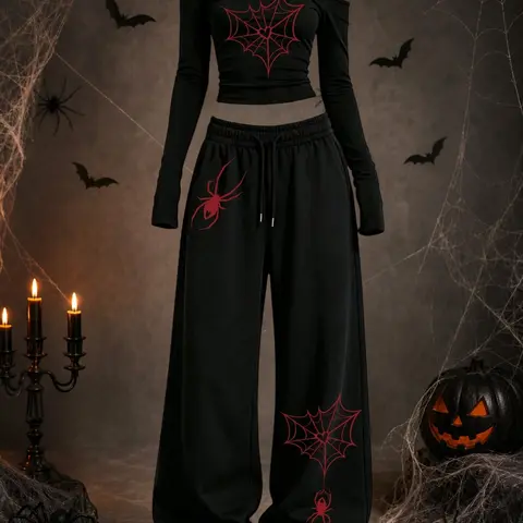 Halloween Women's Y2K Casual Outfit, Spider Print Long Sleeve Top & Loose-Fit Pants, Dark Subculture Style, Fashion