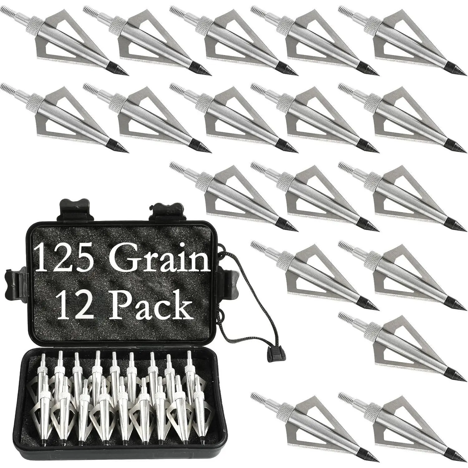 Hunting Broadheads 12 Pack, 125 Grain Heavy-Duty 3-Blade Stainless Steel Tips with 0.4mm Anodized Aluminium, Screw-in Design for Crossbow & Compound Bow Arrows, Storage Case Included, Ensures Accurate Shots & Improves Point-to-Point Accuracy