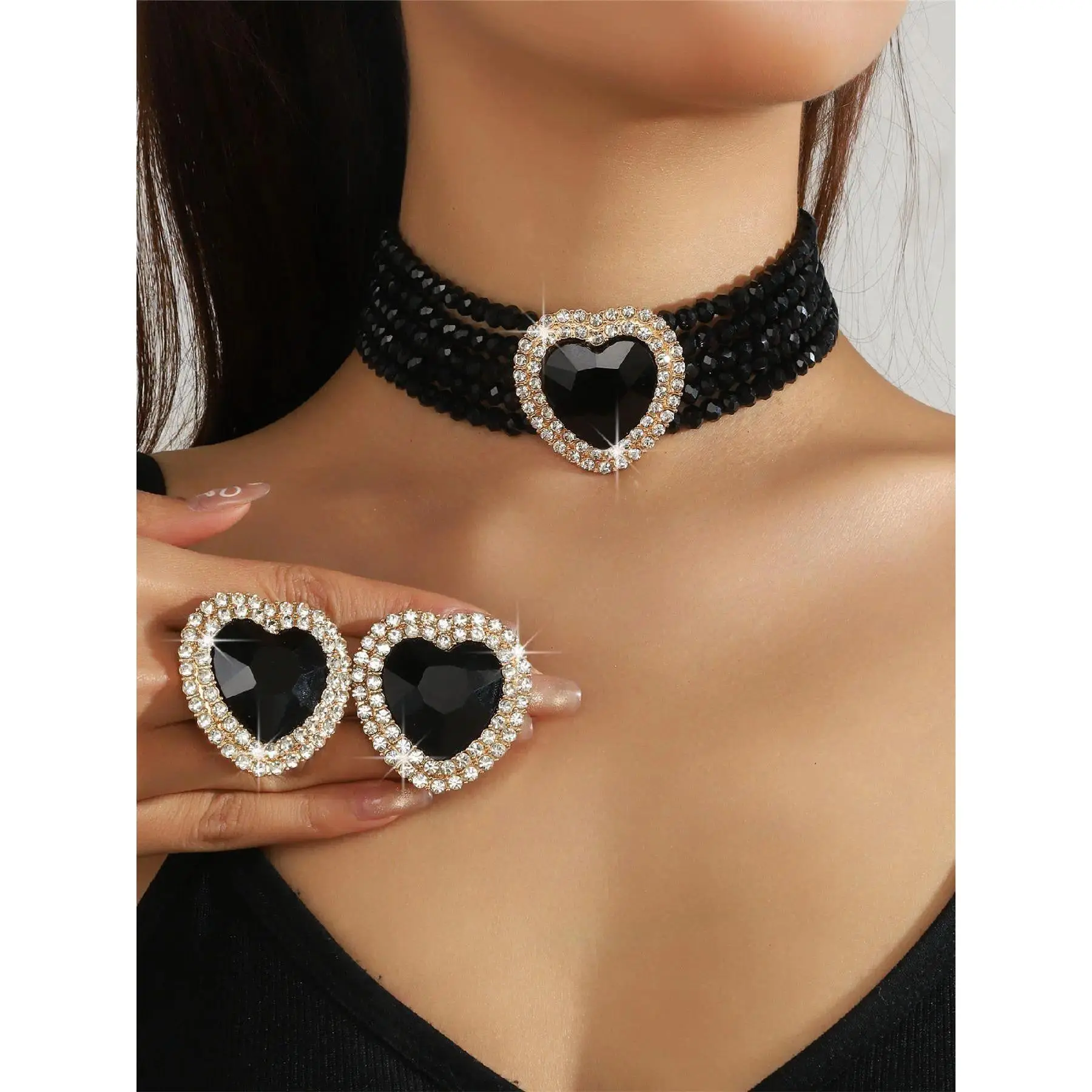 Women's Heart Shaped Crystal Jewelry Set - Heart Shaped Stones, Choker Necklace with Dangle Earrings for Party, Daily Wear, Heart Shaped Stones Jewelry Sets, Choker Necklace Jewelry Sets