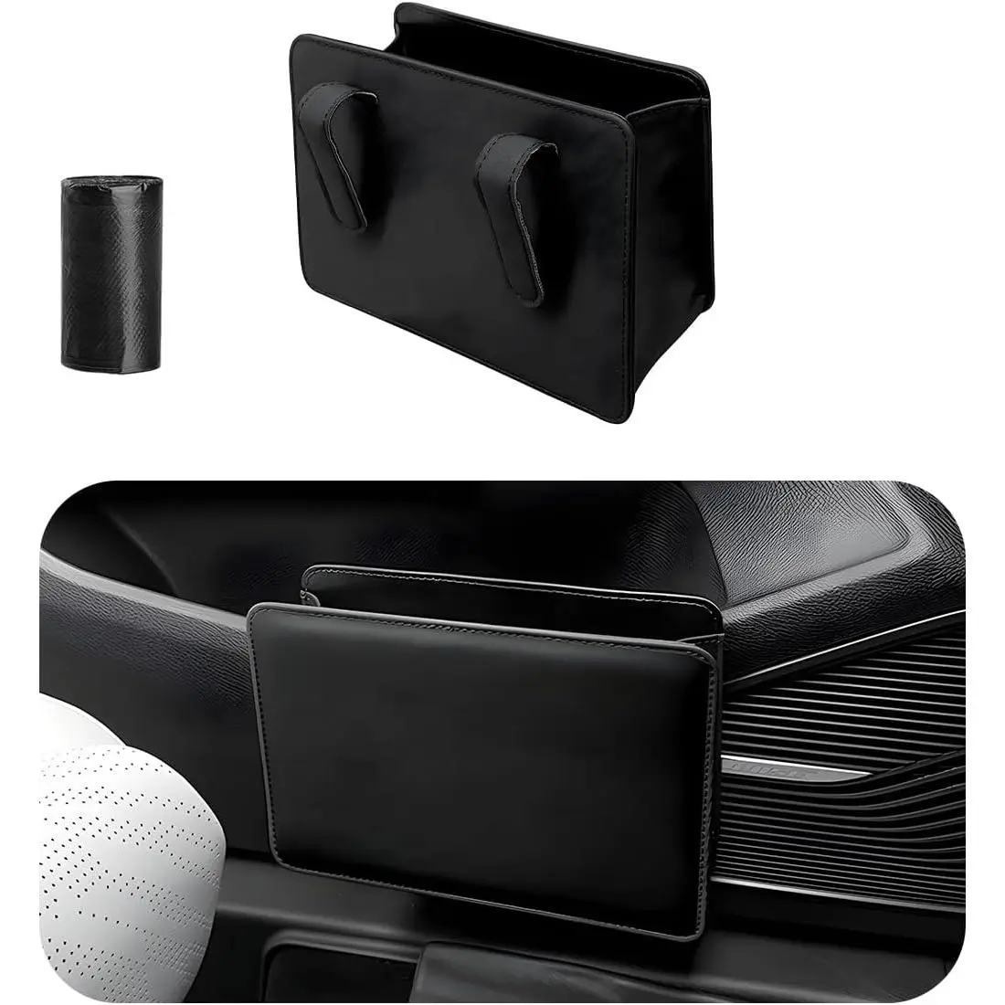 Trash Can, Foldable  Leather  Garbage Organizer Holder, Automotive Mini Dustbin Container with  Roll Trash Bag,  Interior  Accessories (Black)