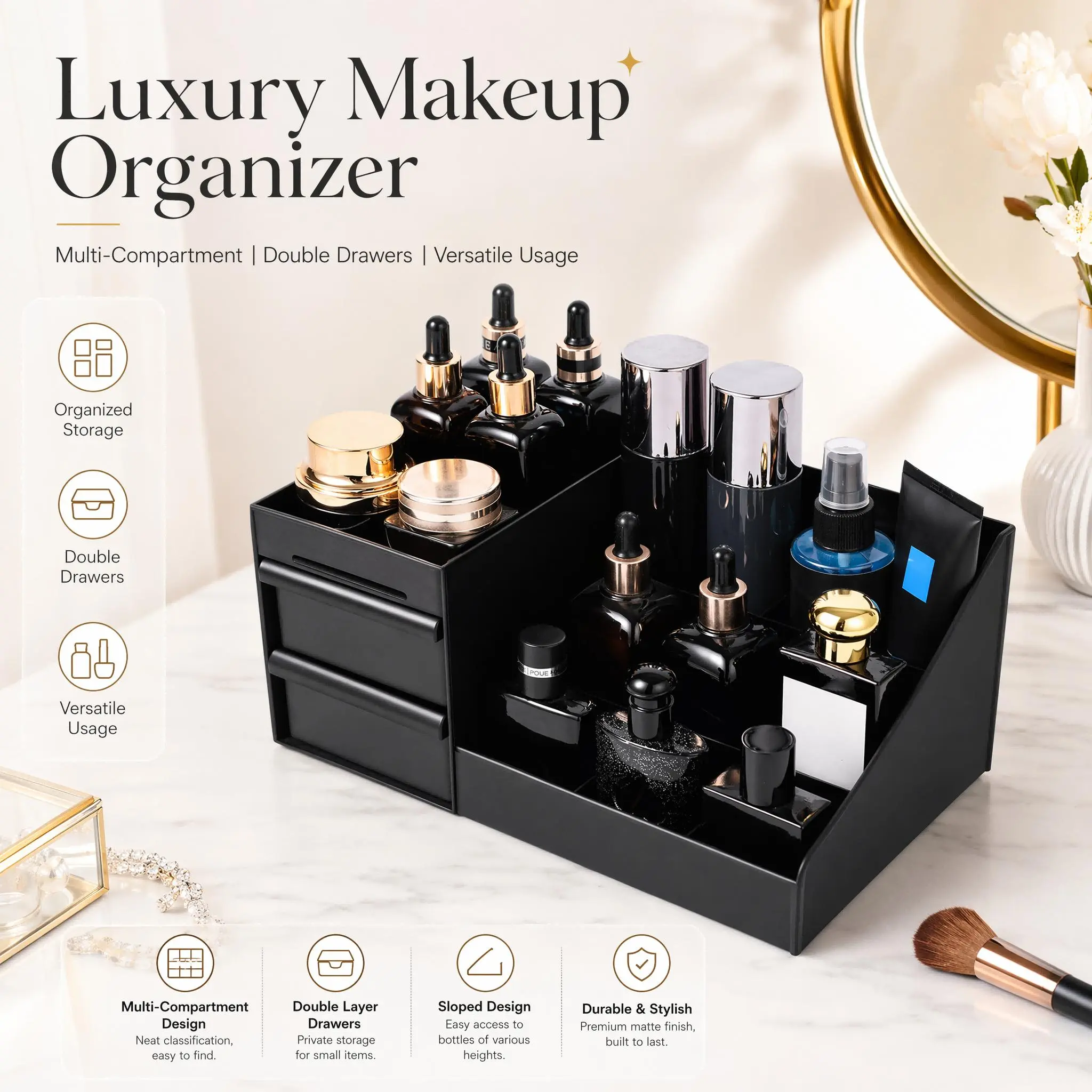 Multi Grid Desktop Storage Organizer With Double Drawers For Skincare Perfume Shaving Supplies Bathroom Bedroom Vanity Countertop Classification Storage