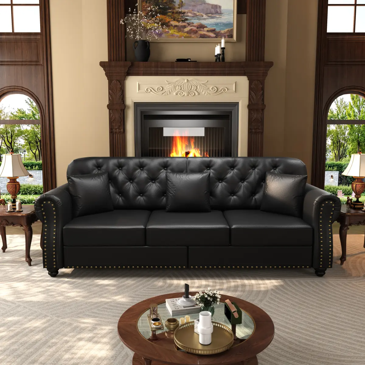 Aobtkel 82.6” 3-Seater Mid-Century Modern Chesterfield Faux Leather Sofa, Rolled Arms, Nailhead Trim, Button Tufted, 2 Ottomans, 3 Pillows Included, 173.72 lbs, Assembly Required, Black viral couch modular boneless shapes of shaped seccion al sleeper