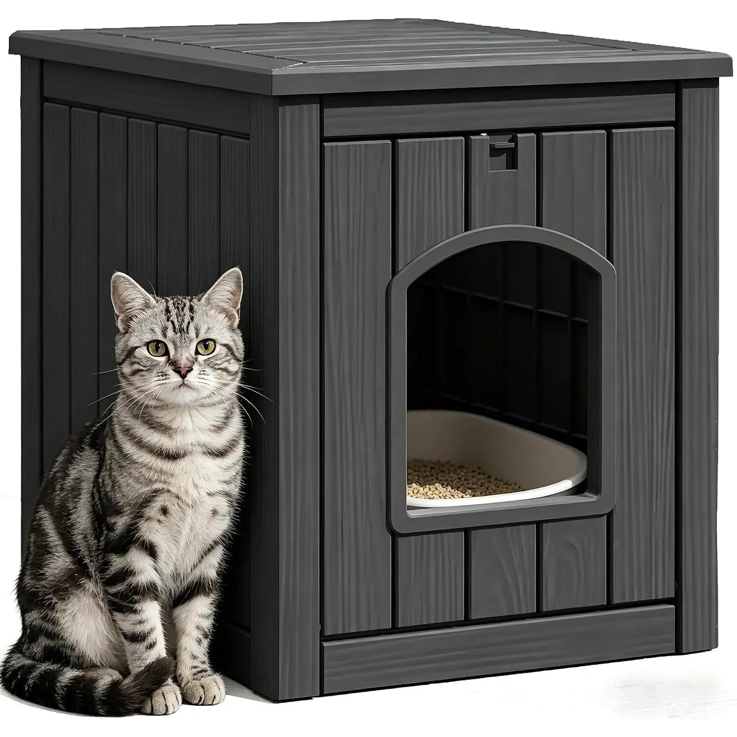 Multi-Functional Enclosed Cat Litter Box Furniture, Weatherproof Outdoor Cat House with Openable Front Door & Raised Floor, Easy to Clean & Assemble, Black