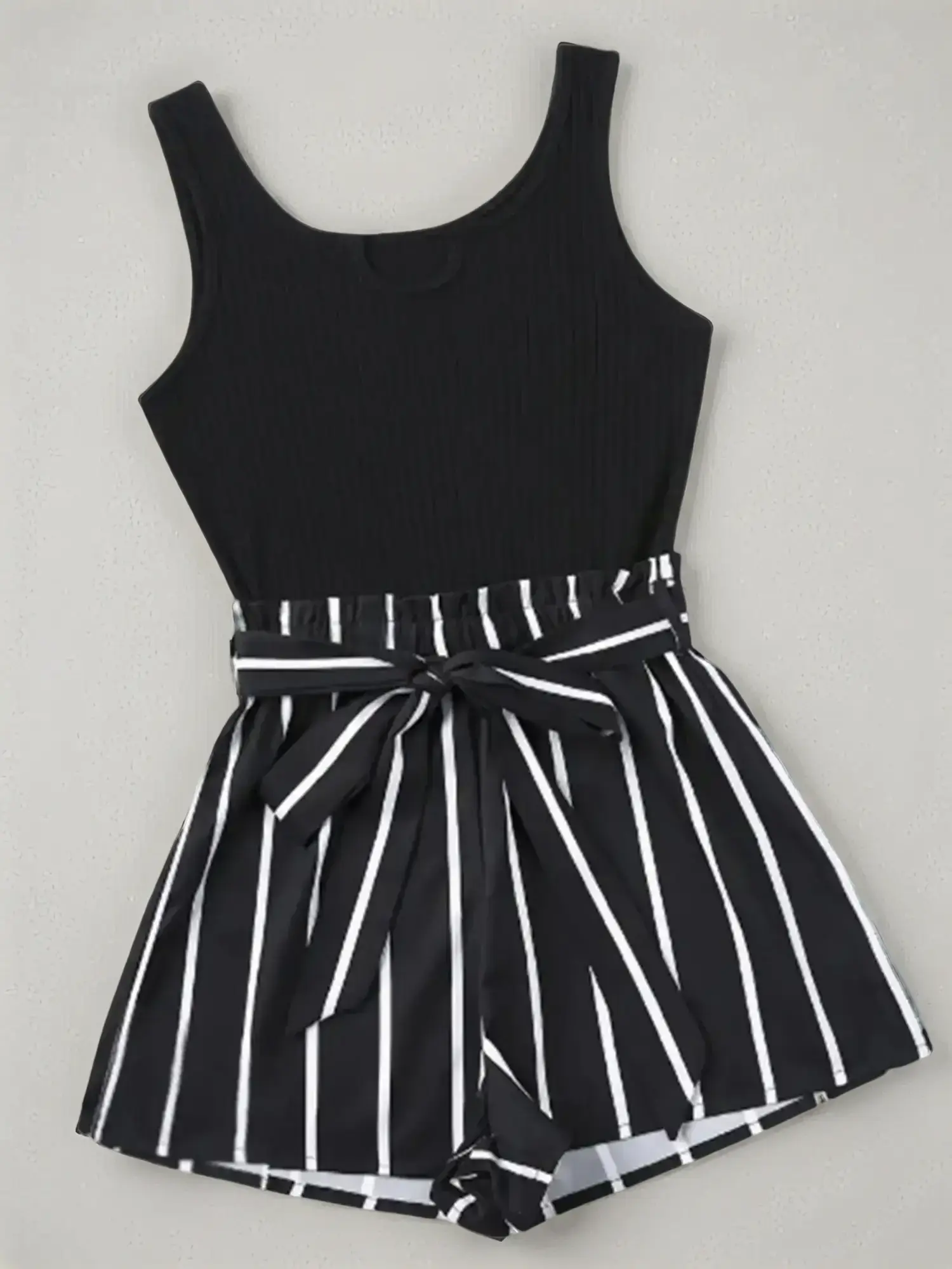 Women's Ribbed Crop Sleeveless Tank Top & Striped Print Belted Paper Bag Waist Shorts Set, Fitted Comfort Scoop Neck Crop Tank & High Waist Shorts for