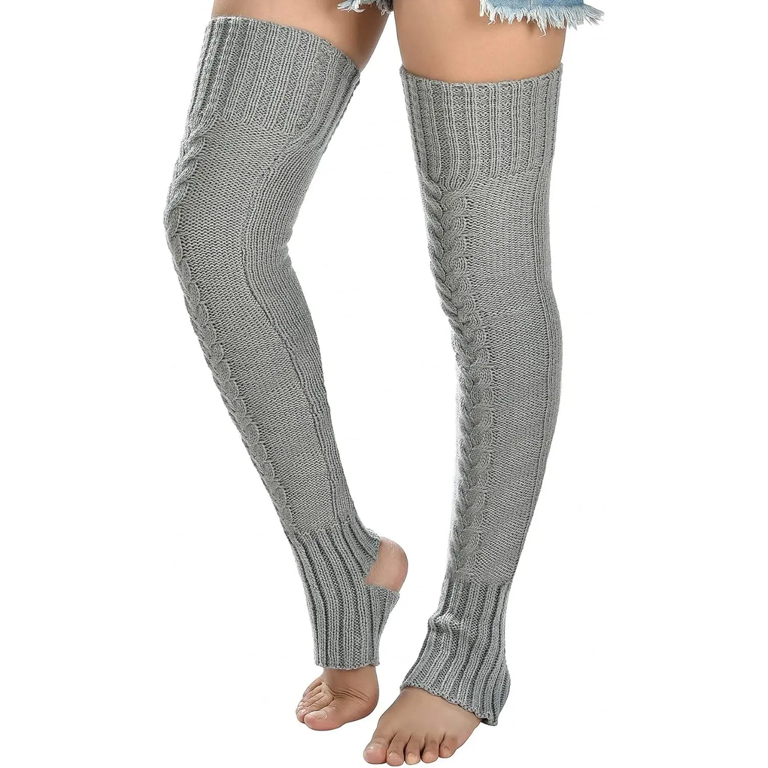 Women's Cable Knitted Thigh high Leg Warmers Extra Long Stirrup Over Knee High Warm Footless Socks Stockings