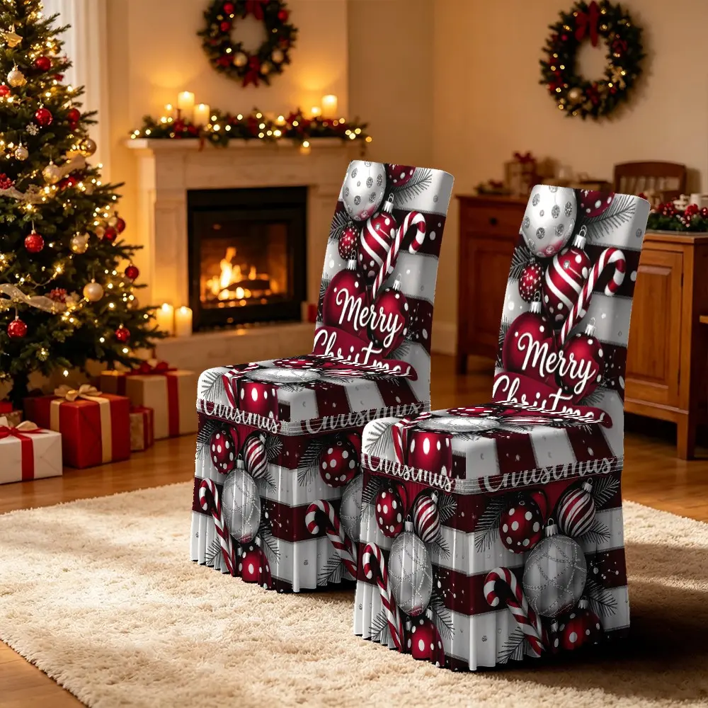 2/4/5/6/7 PCS Skirt‑Style Chair Cover Set, Christmas Table Decor Set, Ruffled Skirt Chair Covers + Tablecloth, Merry Christmas Printed Skirt Chair Cover & Tablecloth Set, Holiday Party Dining Room Home Decor