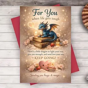 1 Set ( 1 Card+ 1 Envelope) ,Encouragement Greeting Card | Cute Dragon and Heart Design Perfect for Sending Strength, Love, and Support To Friends, Family, or Colleagues Facing Tough Times - Paper, English Language, Fantasy Theme,High-quality Paper