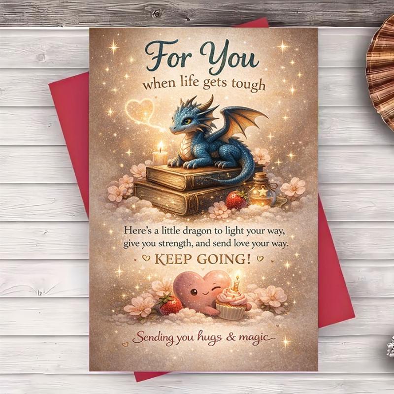 1 Set ( 1 Card+ 1 Envelope) ,Encouragement Greeting Card | Cute Dragon and Heart Design Perfect for Sending Strength, Love, and Support To Friends, Family, or Colleagues Facing Tough Times - Paper, English Language, Fantasy Theme,High-quality Paper
