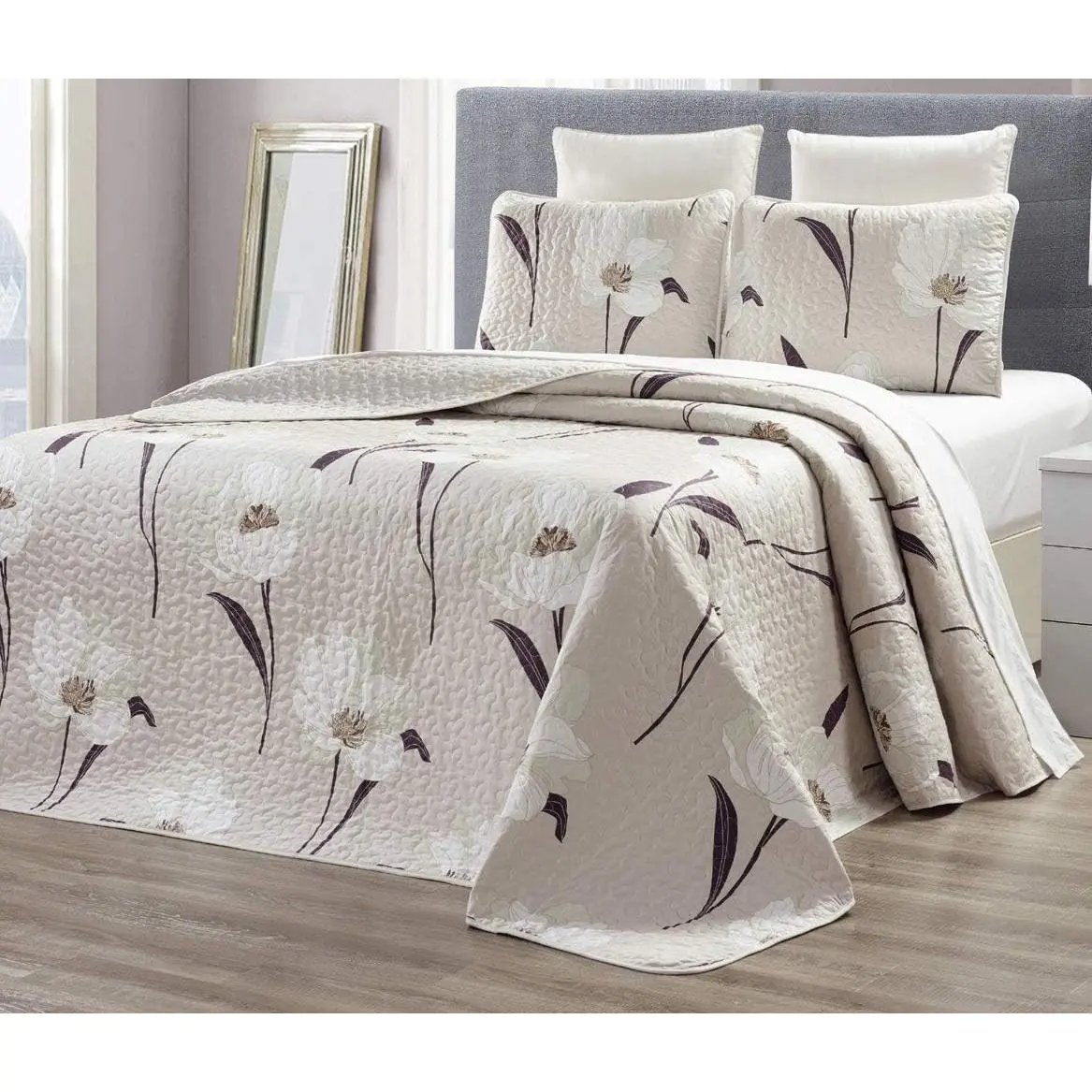3-Piece Fine Printed (90" X 88") Quilt Set Reversible Bedspread Coverlet (Double) Full Size Bed Cover (Taupe, Brown, White Tulip Floral)