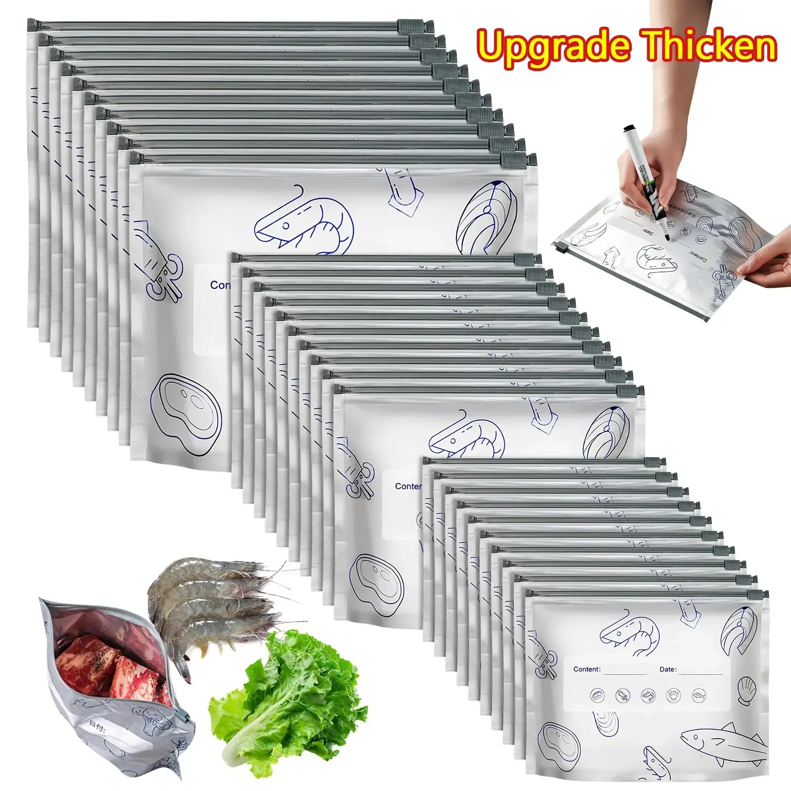 [Refrigerated Food]Reusable Aluminum Foil Sealable Storage Bags, 2026 New Resealable Vacuum Zipper Pouches for Food, Stand Up Foil Sealable Bags with Label and Zip Lock for Vegetable Fruit Meat, Kitchen Storage Food, Airtight Meal Prep