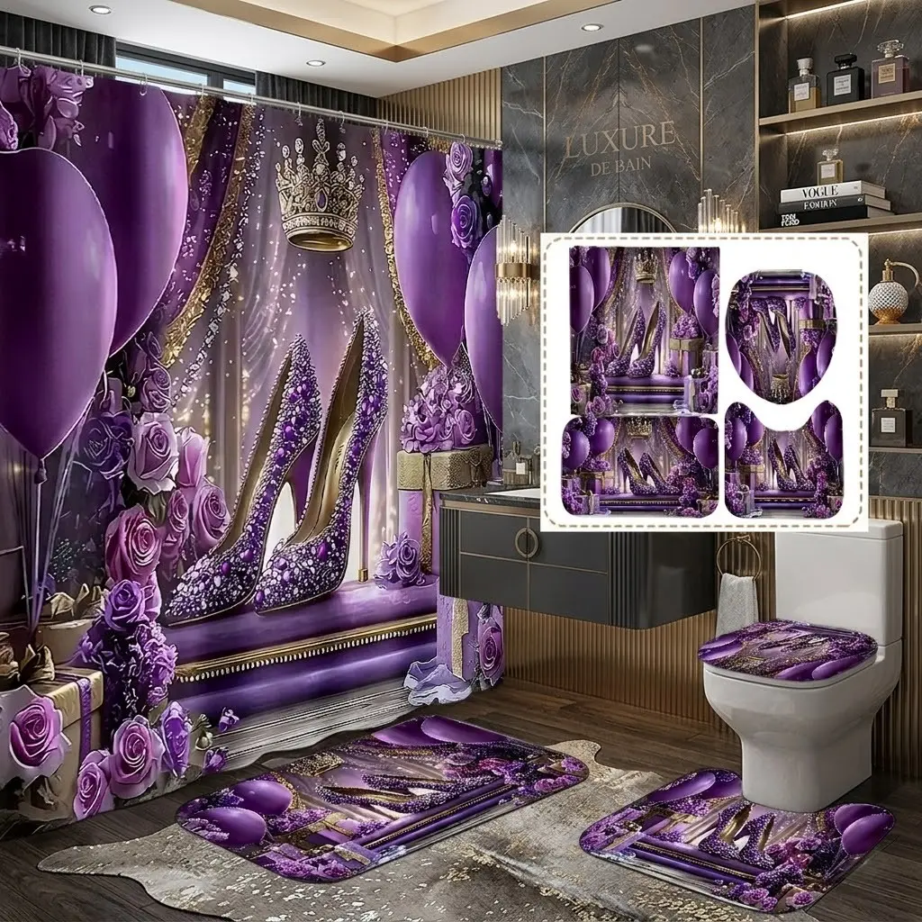 4pcs Luxury purple rhinestone high heels crown floral balloon shower curtain set, with matching bath mat and toilet lid cover, shiny decorations, floor mat thicker and softer, the perfect choice for a stylish bathroom, Elegant bathroom decor