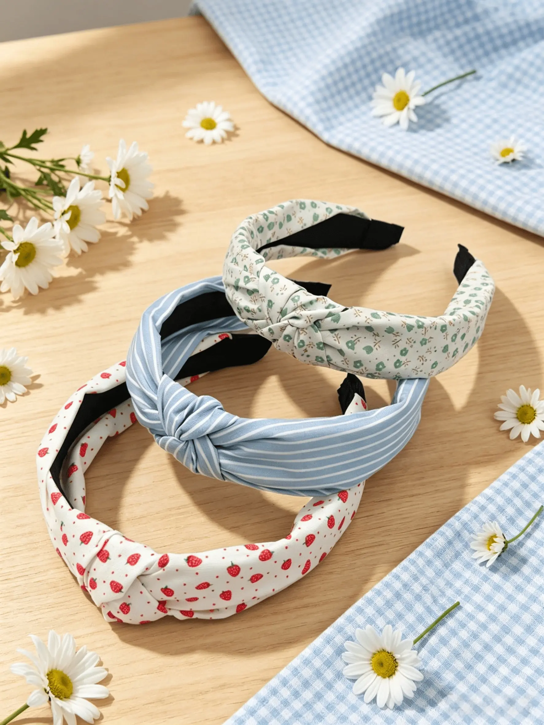 3 Pcs Fashion Casual Farm Style Hair Bands, Floral Strawberry Stripe Pattern, Polyester Material, Knot Design, Multi-Scene Hair Accessories