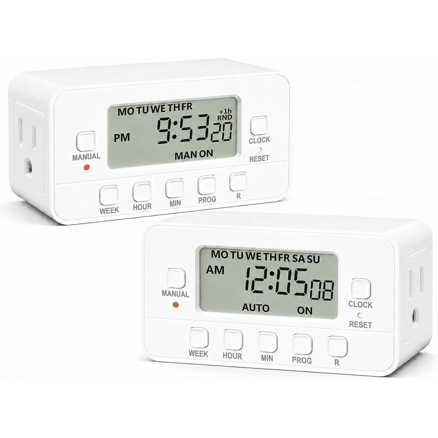 BN-LINK 7-Day Heavy Duty Digital Timer with Dual Outlet, LCD Display, 3-Prong Programmable Design, for Lights, Fans, Coffee Machine, Home, Office, Indoor Use, 125V 15A 1875W, 2 Pack