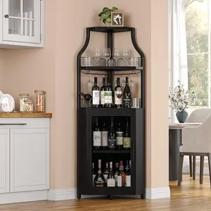 Corner Wine Cabinet with Detachable Wine Rack, 5-Tier Industrial Corner Wine Cabinet with Barn Door, Glass Holder, Farmhouse Buffet Storage Cabinet, Space-Saving Home Bar Furniture for Living Room, Dining Room and Indoor Corners