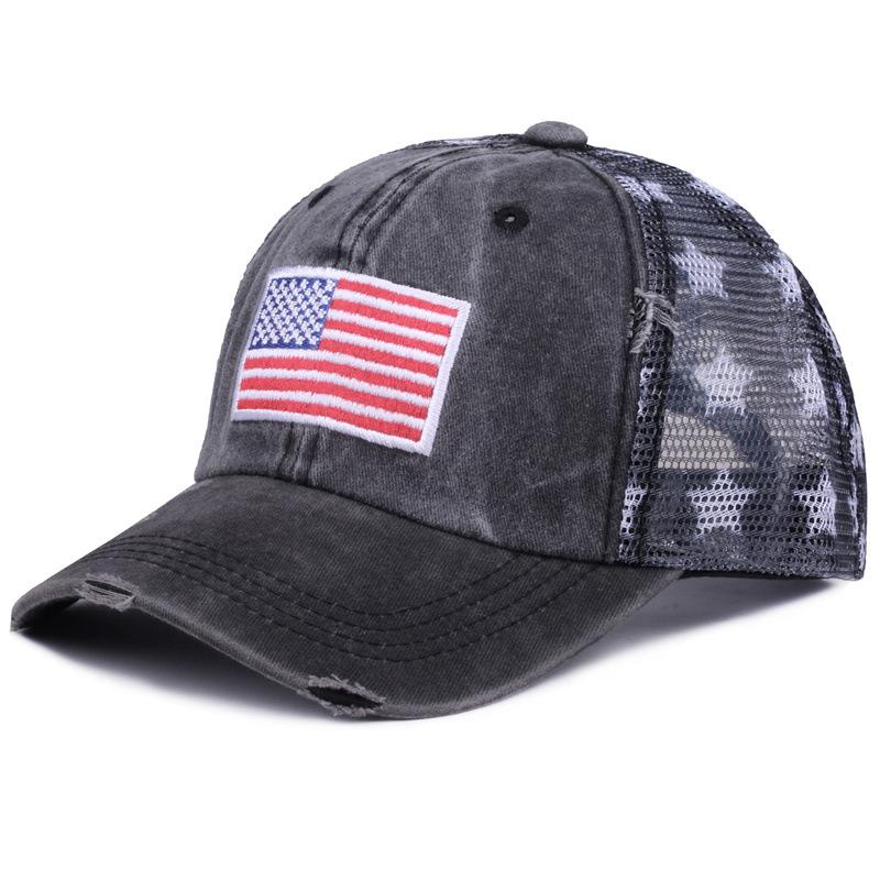 Washed cotton vintage baseball cap with embroidery, American flag embroidered cap, mesh cap, five-pointed star mesh cap