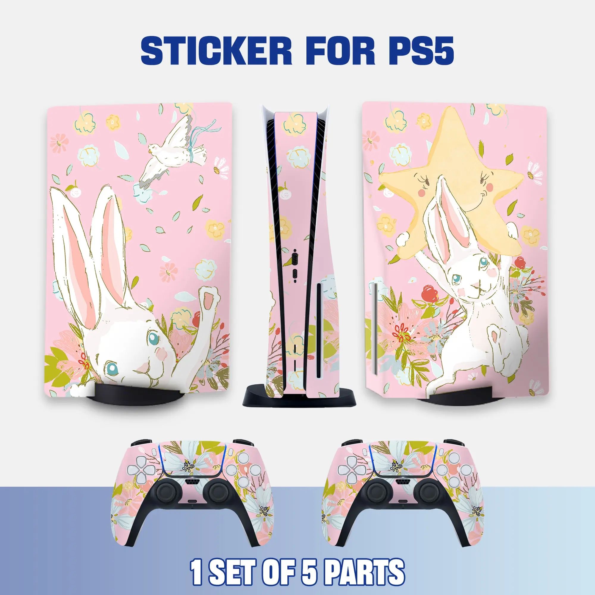 Ps5 Optical Drive Console & Controller Stickers, Bunny Floral Star Vinyl Decals, Cute Cartoon Style Protective Stickers