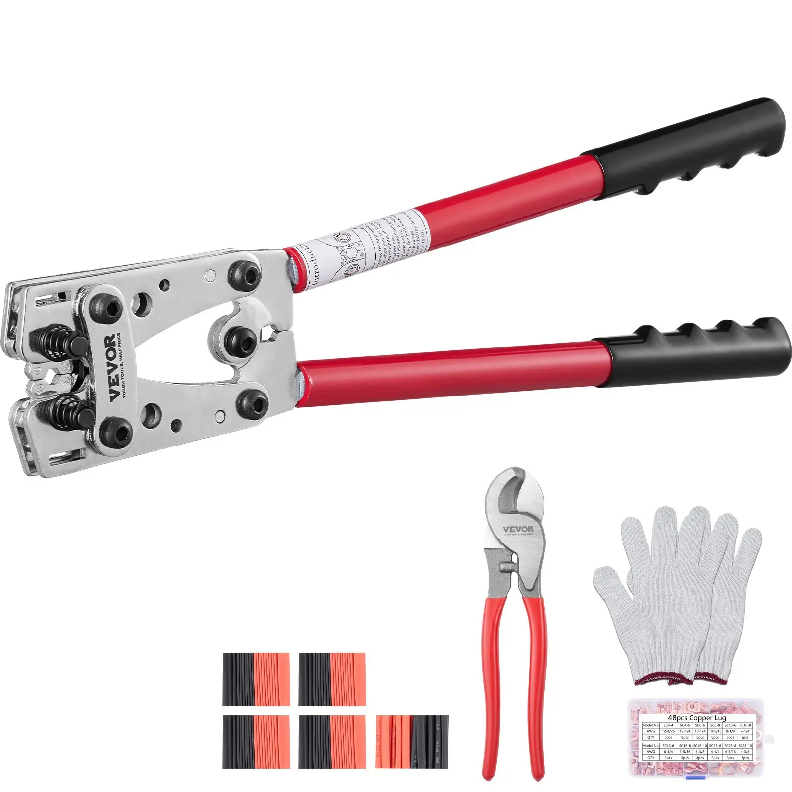 VEVOR Battery Cable Lug Crimping Tool, 10-1/0AWG with Cable Cutter and 48PCS Copper Ring Terminals, 6 Wire Sizes Crimping Die and 100pcs Heat Shrink Tubes, for Heavy Duty Wire Lugs, Lever Action, Handle Arms