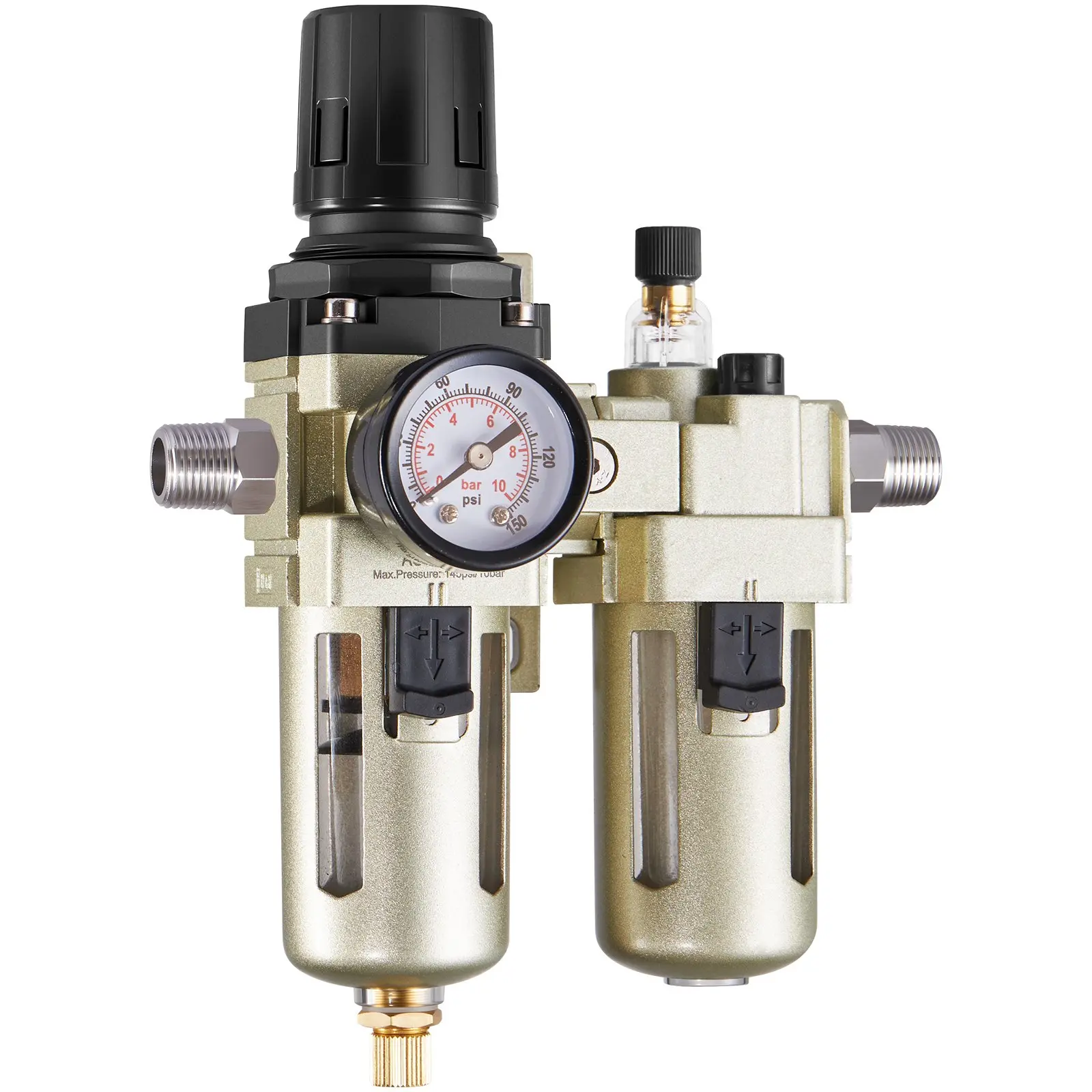 【toolupgrade】VEVOR Air Compressor Filter Regulator Lubricator (FRL), 3/8" NPT Air Compressor Water Separator, Semi-Auto Drain Air-Drying System with 5m Brass Filter Element, 145PSI Max Working Pressure, Poly Bowl