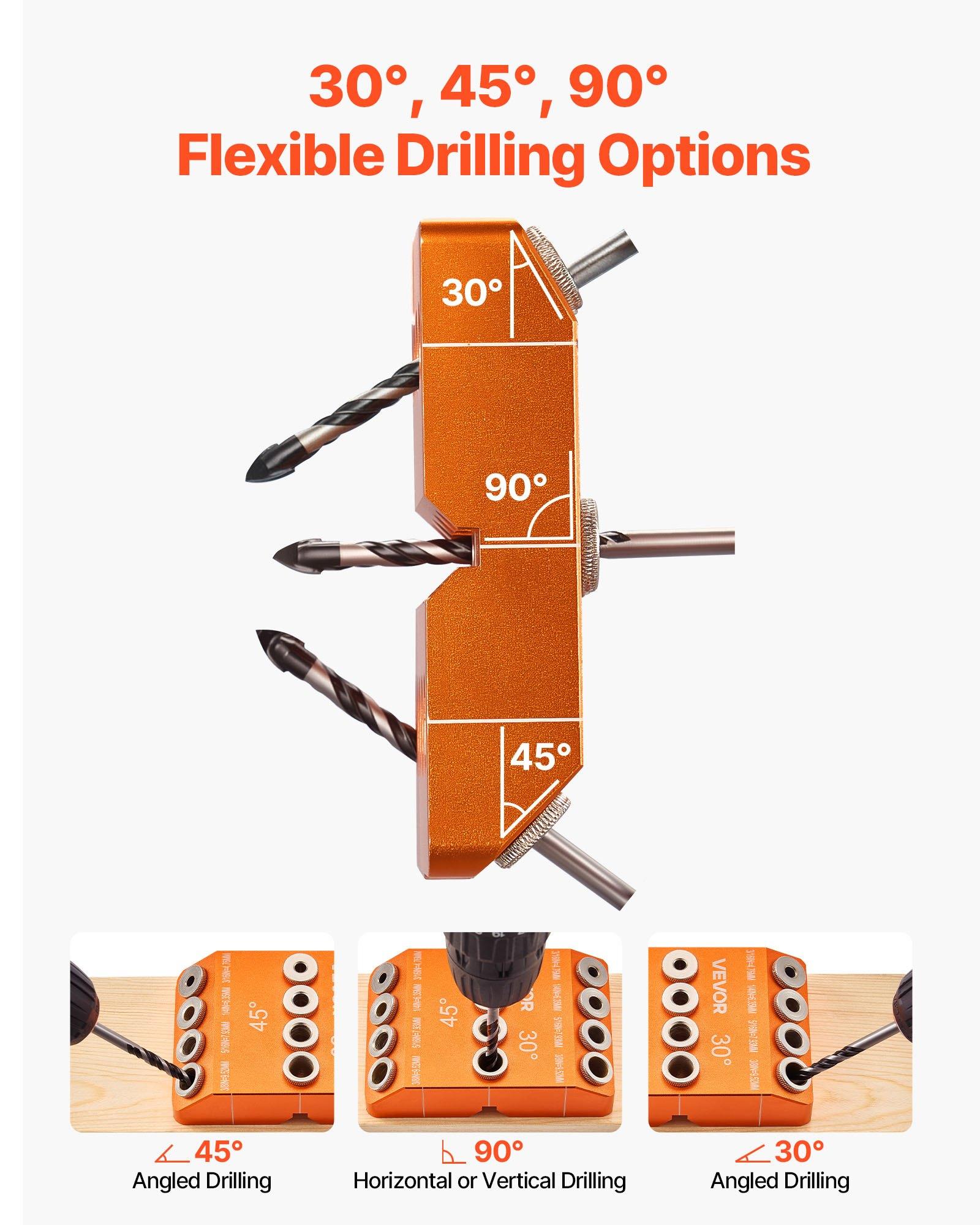 VEVOR Drill Guide, 30/ 45/ 90 Degree Angle 4 Sizes Portable Precision Drilling Guide Jig, for Drilling Angled or Horizontal Holes, Aluminum Alloy, for Deck Cable Railing Wood Post Stair Handrail