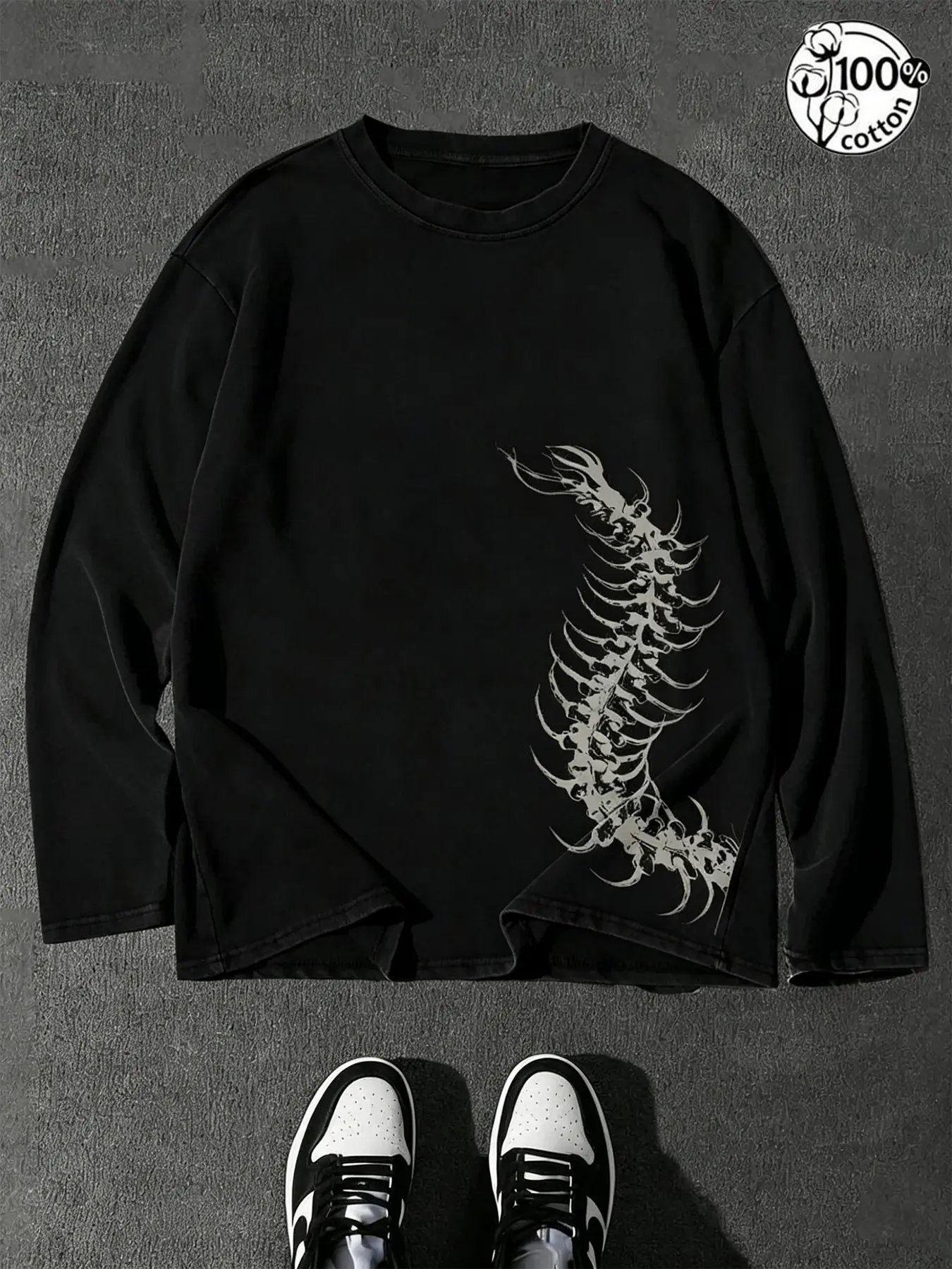 Unisex 100% Cotton Multi-Color Side Alien Spine Print Long Sleeve Tee Dark Subculture Streetwear Acid Wash Oversized Casual Top