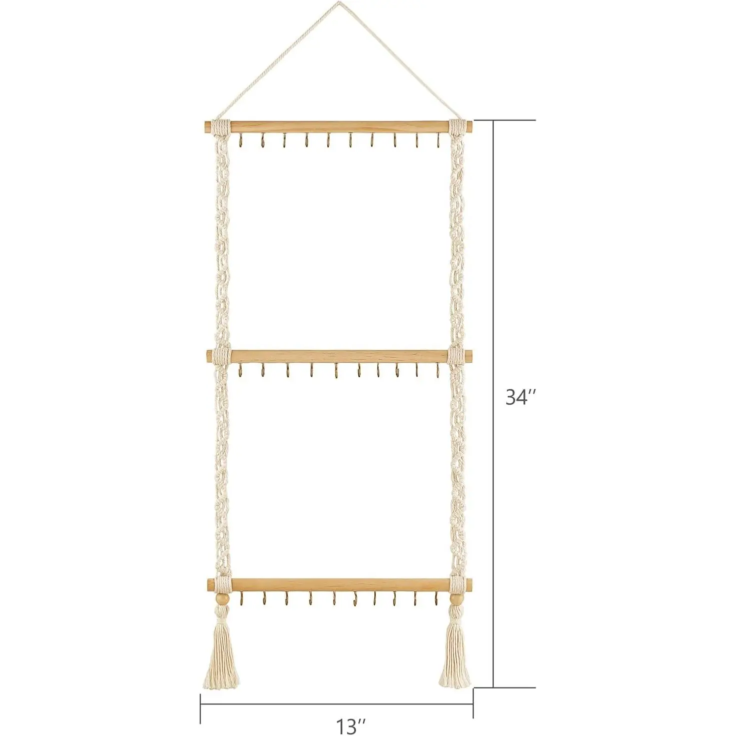 Macrame wall hanging jewelry organizer with 30 metal hooks, wood, space, saving storage for necklaces, bracelets, earrings, headbands