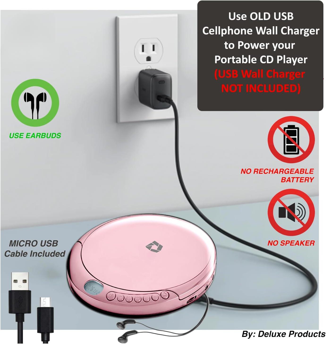 CD Player Portable with 60 Second Anti Skip, Stereo Earbuds, Includes Aux in Cable and AC USB Power Cable for use at Home or in Car.Pink